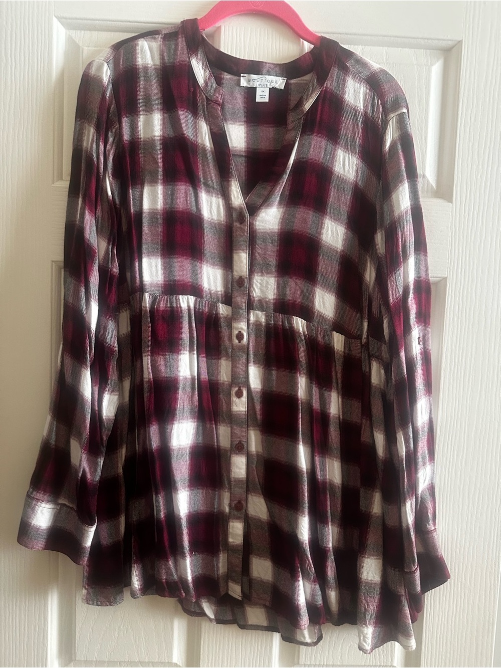 Burgundy Plaid Button-Front Peplum Top. Size 1X.